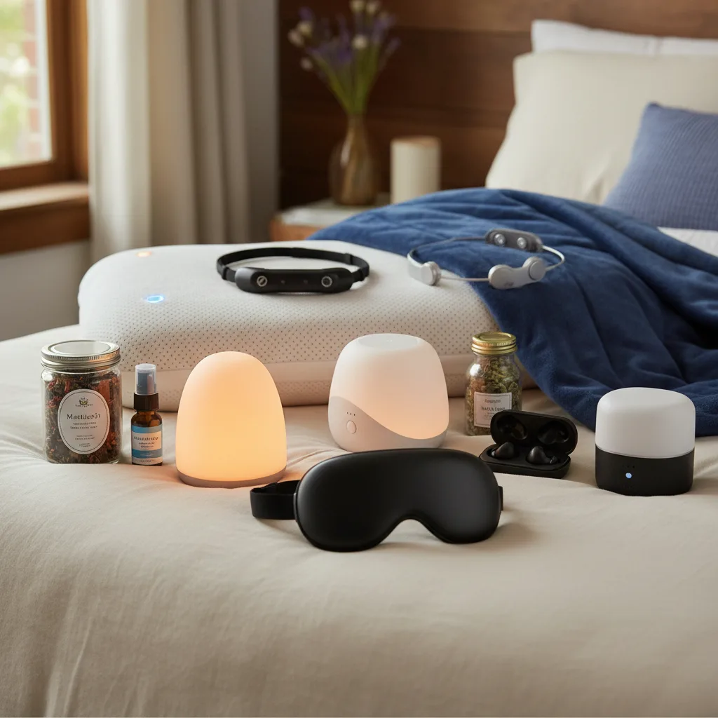 Collection of modern adult sleep gadgets on a bedside table