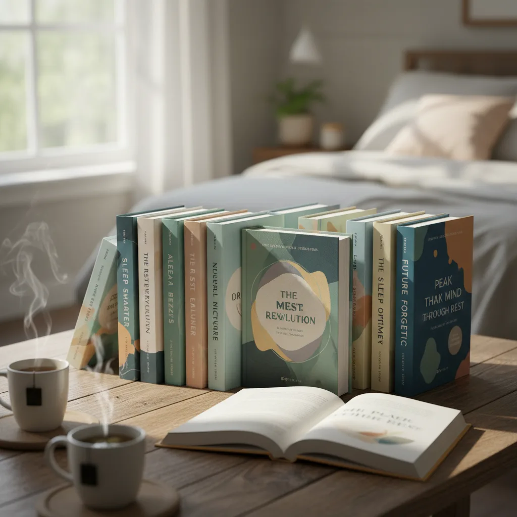 Collection of the best sleep books on a nightstand for cognitive health.