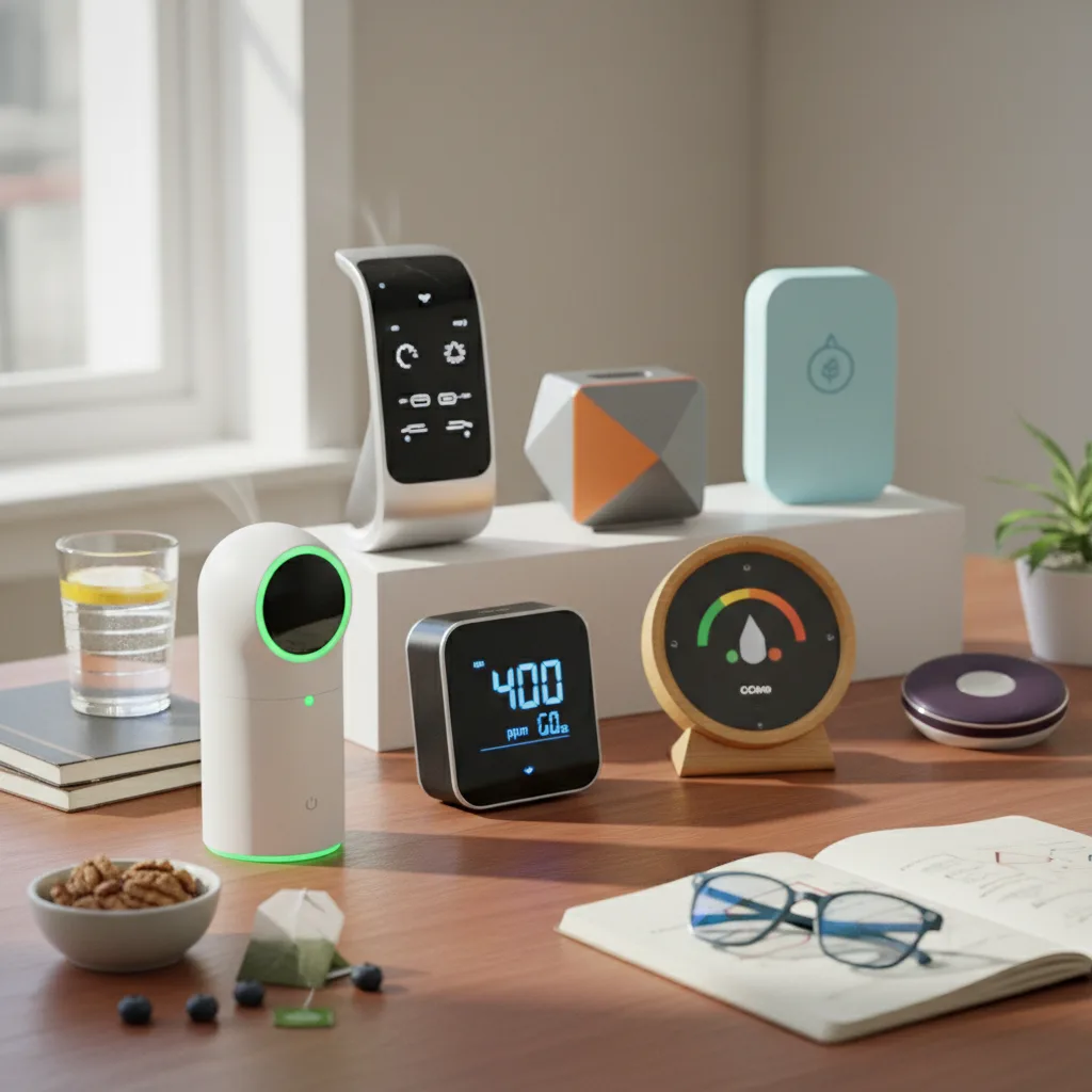 Modern digital CO2 monitor on a wooden desk