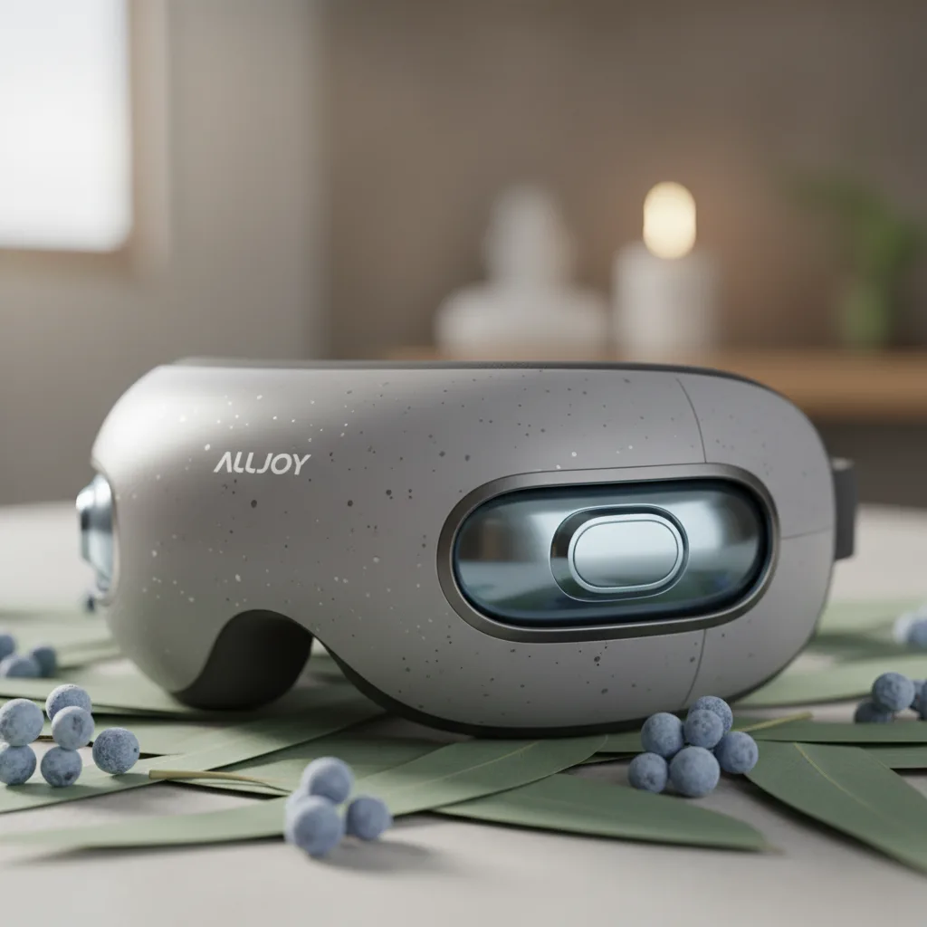 A modern alljoy eye massager in gray, designed with a cooling engine for digital eye strain relief and cognitive recovery.