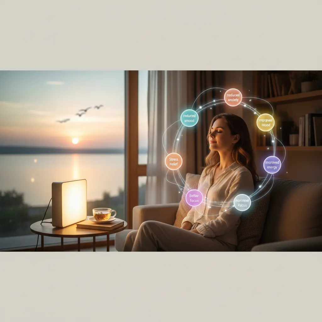 A person using a light therapy lamp, demonstrating a non-invasive method for anxiety relief and mood improvement, with a focus on brain health.