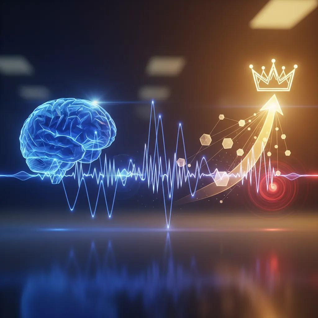 A visual representation of brainwaves on an EEG display, highlighting beta brain wave frequencies with an abstract depiction of focused human thought, emphasizing cognitive performance and mental clarity.