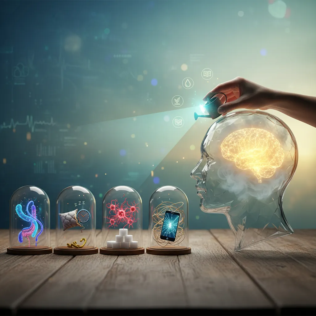 An illustration of a person's head filled with clouds and question marks, symbolizing brain fog, with surrounding elements like food, a stress indicator, a virus symbol, a gut illustration, and a sleep icon, representing common causes.