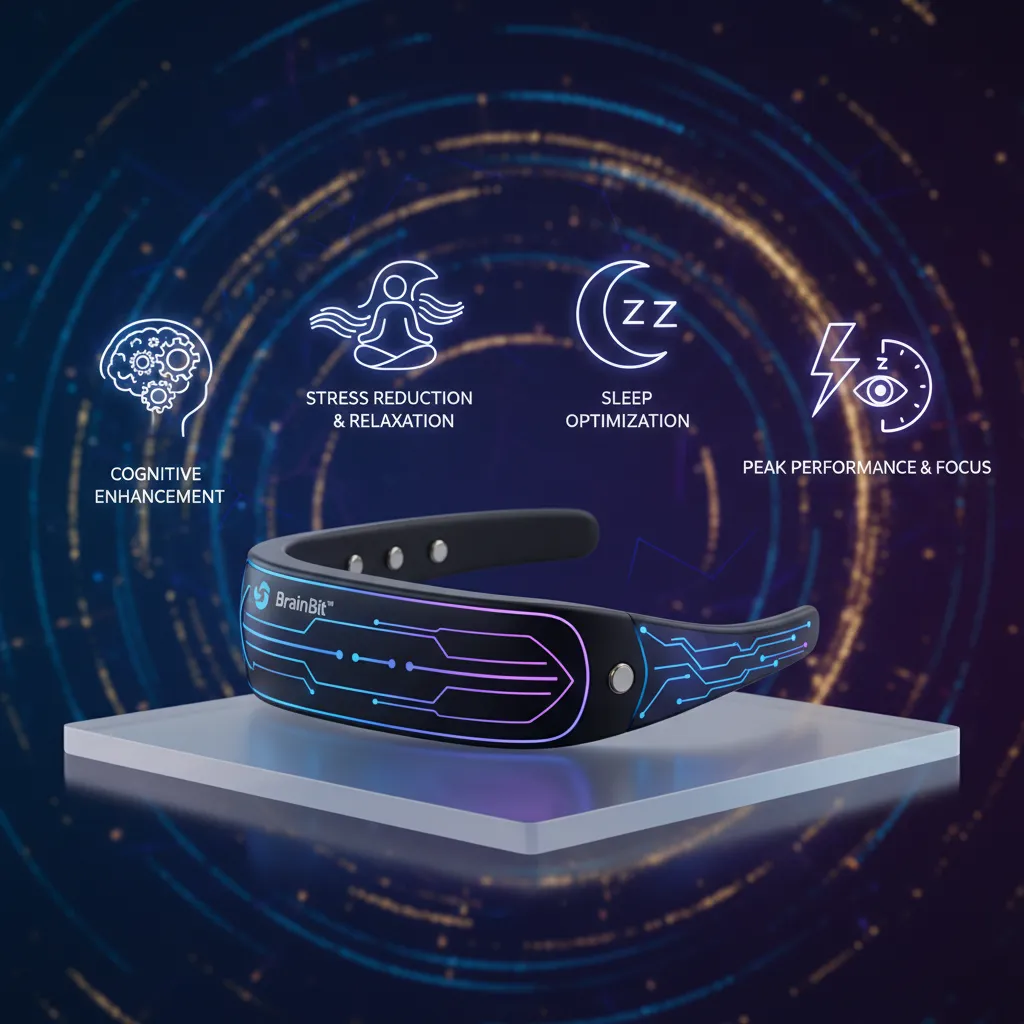 Close-up view of the BrainBit Headband showing its sleek design and dry EEG sensors, indicating advanced brainwave monitoring technology for neurofeedback and meditation.