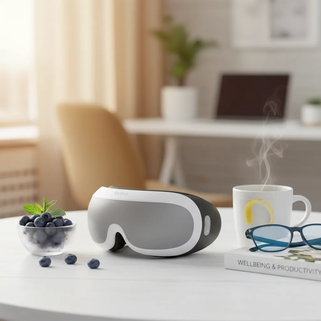 A sleek, ergonomic breo isee4 eye massager providing soothing relief for tired eyes.