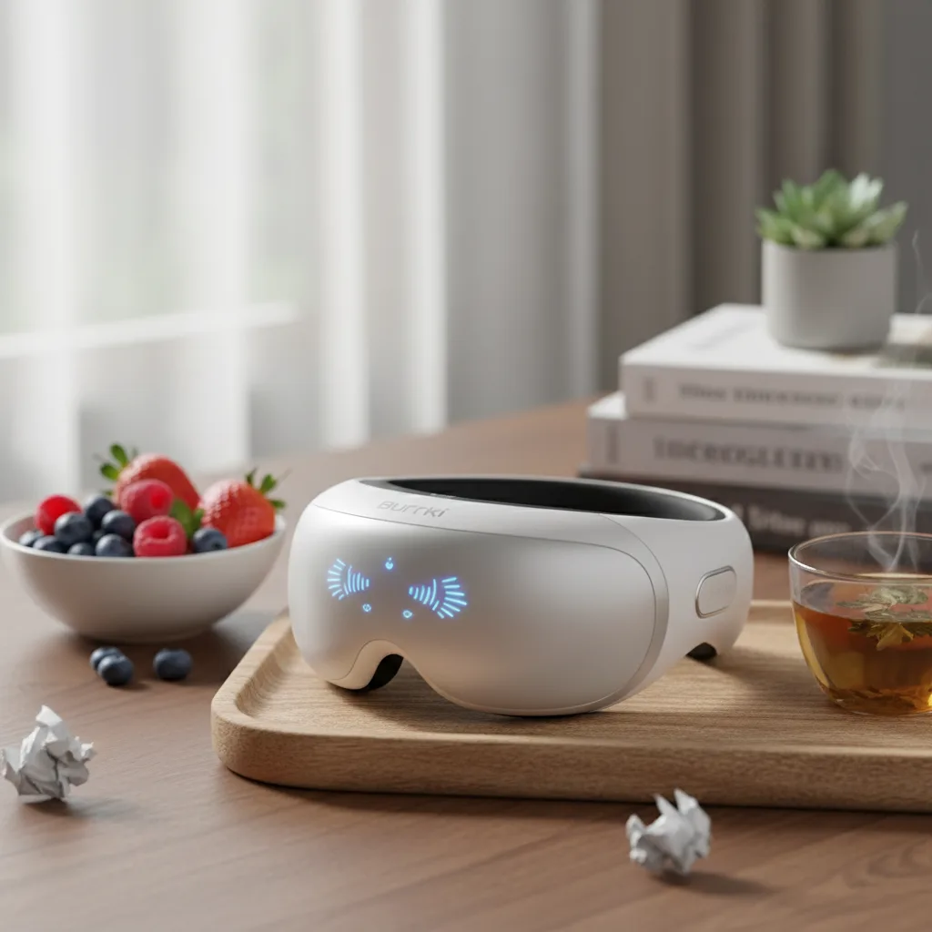 A Burrki Eye Massager in use, demonstrating its features for relaxation and cognitive enhancement, highly rated in walmart reviews product 15689819640.