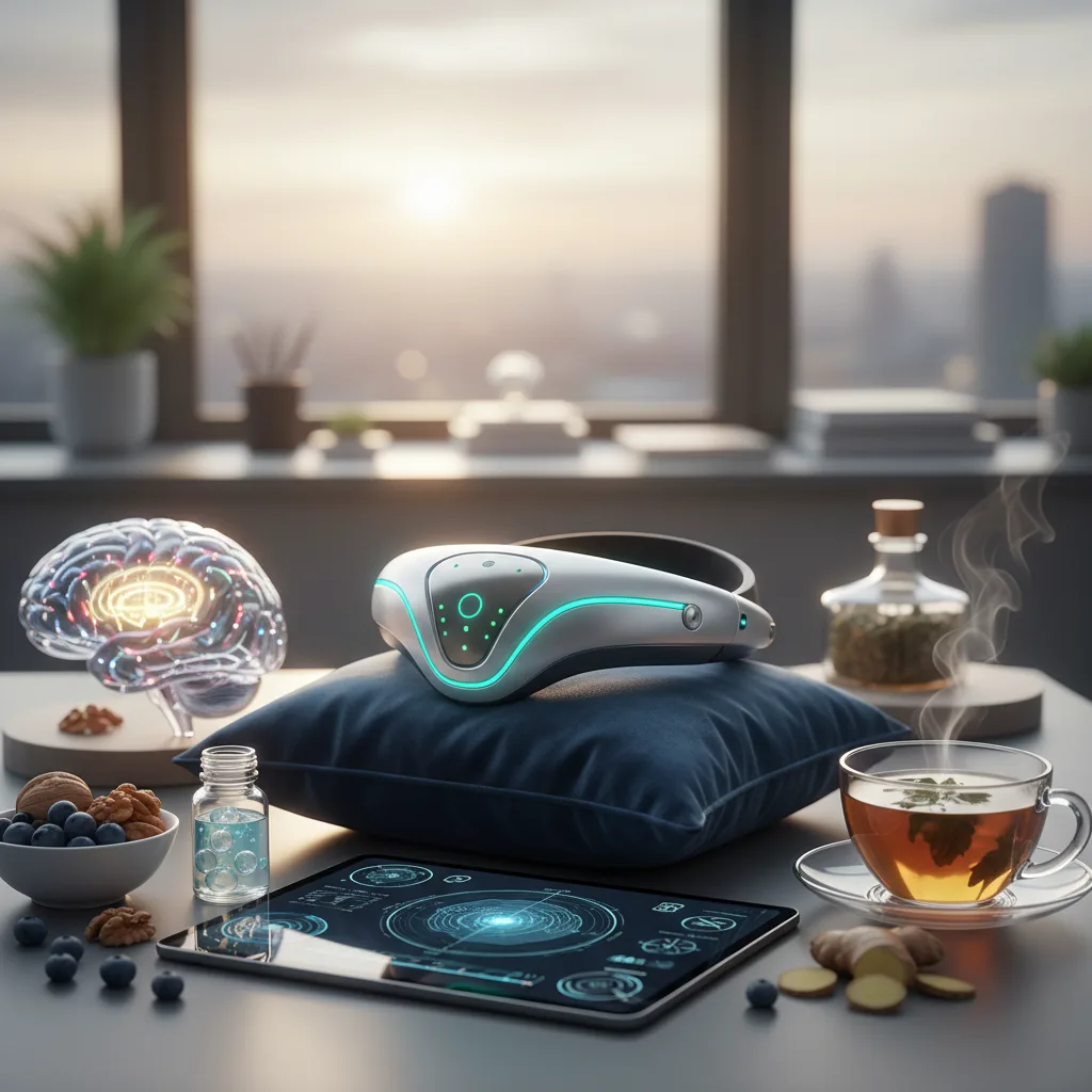 A person using a neuro-tech eye massager to aid in conquering migraines and achieving relaxation.