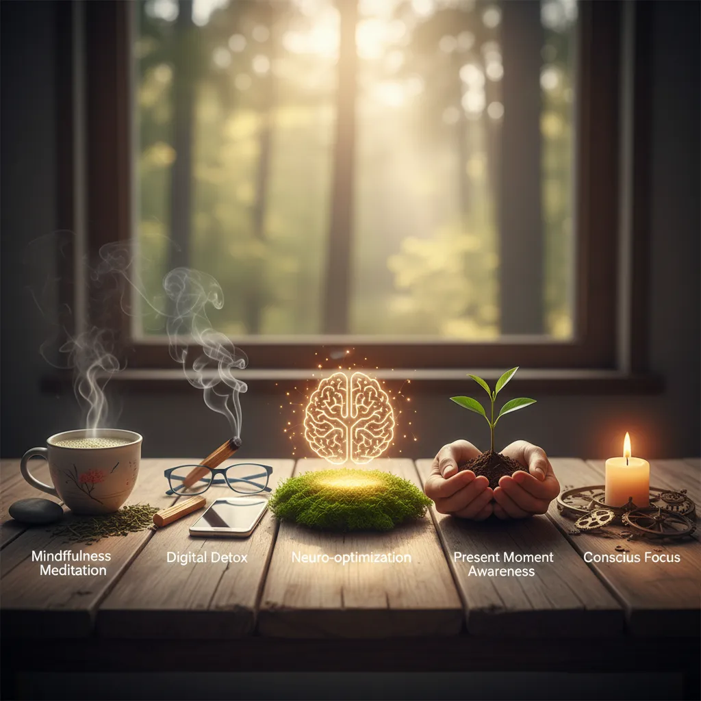 A person meditating or focused intently, surrounded by subtle digital elements representing neuro-optimization tools and calm, focused brain activity. The image conveys mental clarity and present-moment awareness, possibly with a subtle overlay of the NeuroVizr device or brainwave patterns.