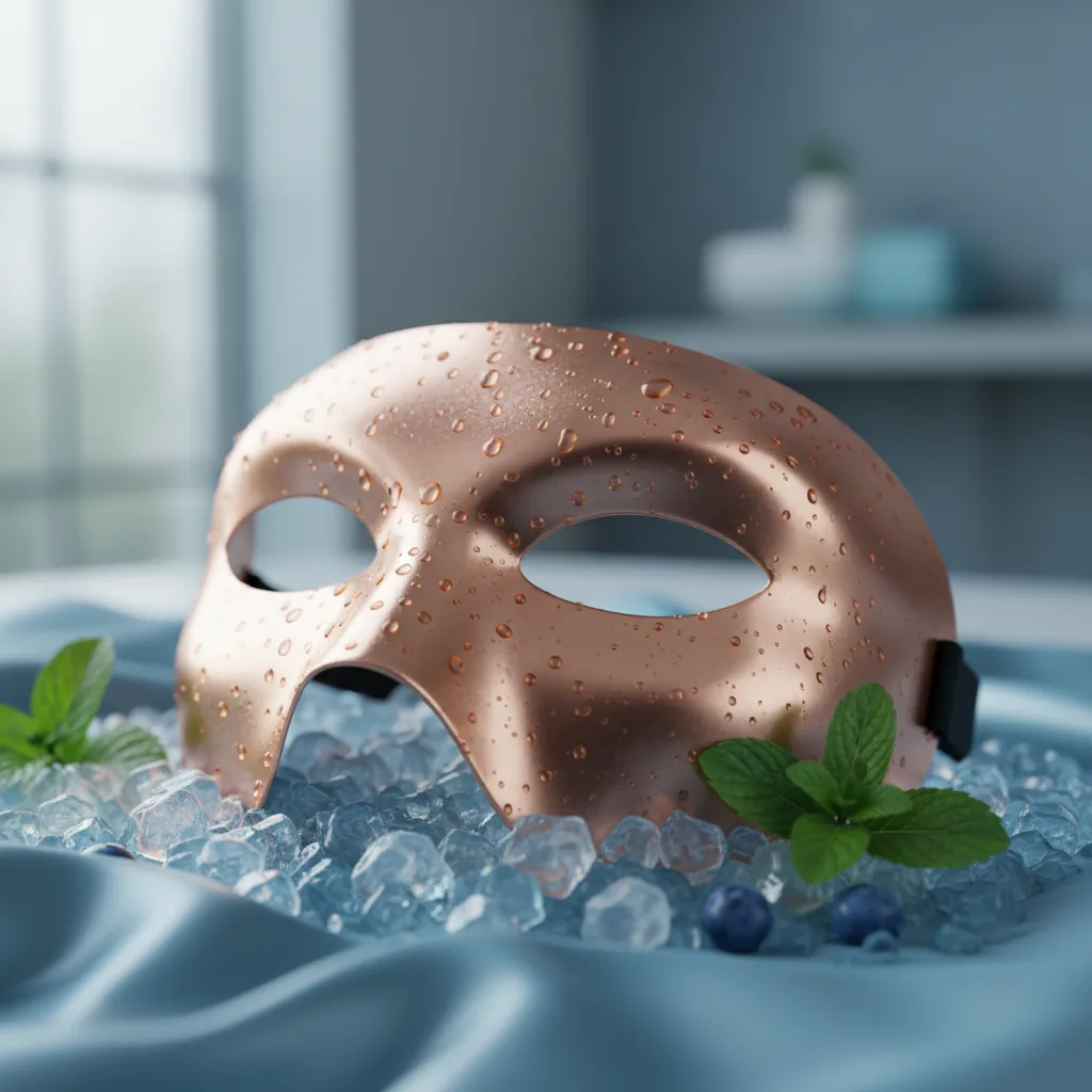 copper freeze migraine mask - A person wearing a copper freeze migraine mask experiencing relief from headache pain. 1 copper freeze migraine mask - A person wearing a copper freeze migraine mask experiencing relief from headache pain. 1