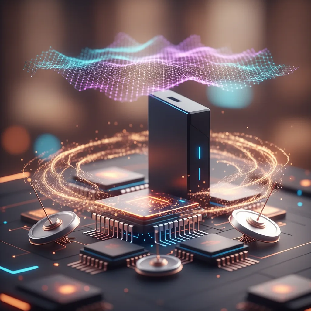 A futuristic representation of Edge AI processing data locally on a handheld device.