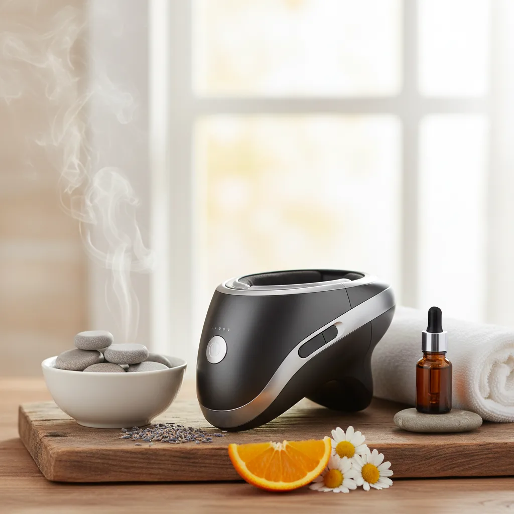 Close-up of a person using an electric eye massager with air pressure, illustrating shiatsu and heat therapies for relaxation and relief.