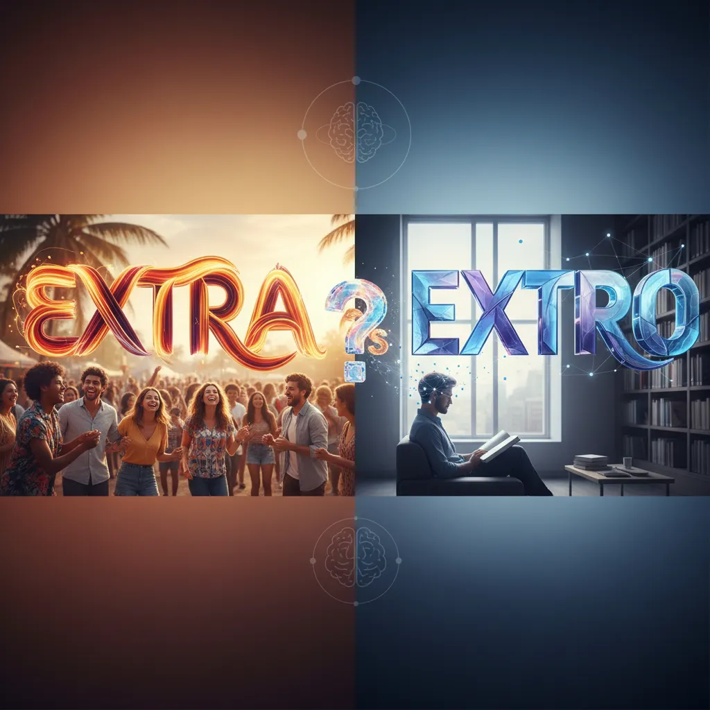 An abstract visual representation of personality traits, with a central figure showing both outgoing and reflective characteristics, surrounded by elements symbolizing social interaction, brain activity, and the balance between external engagement and internal thought.