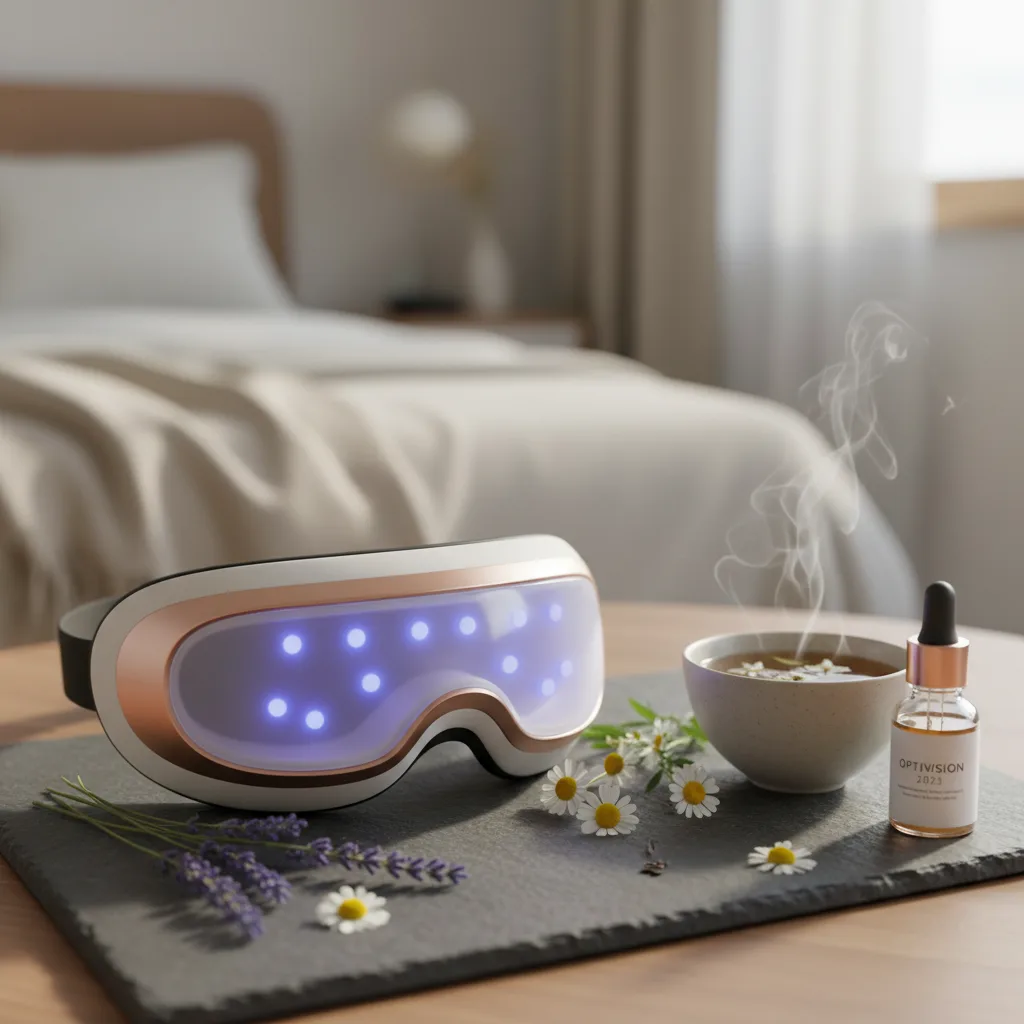 Person experiencing deep relaxation with an eye massager for migraines to relax and relieve tension.