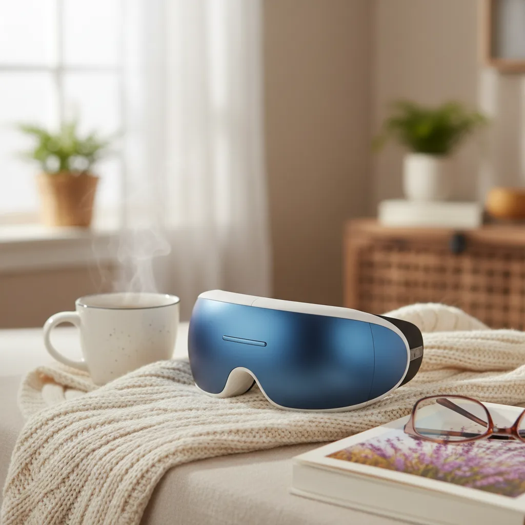 A senior woman relaxing while using an advanced eye massager for your parents, demonstrating comfort and therapeutic benefits.
