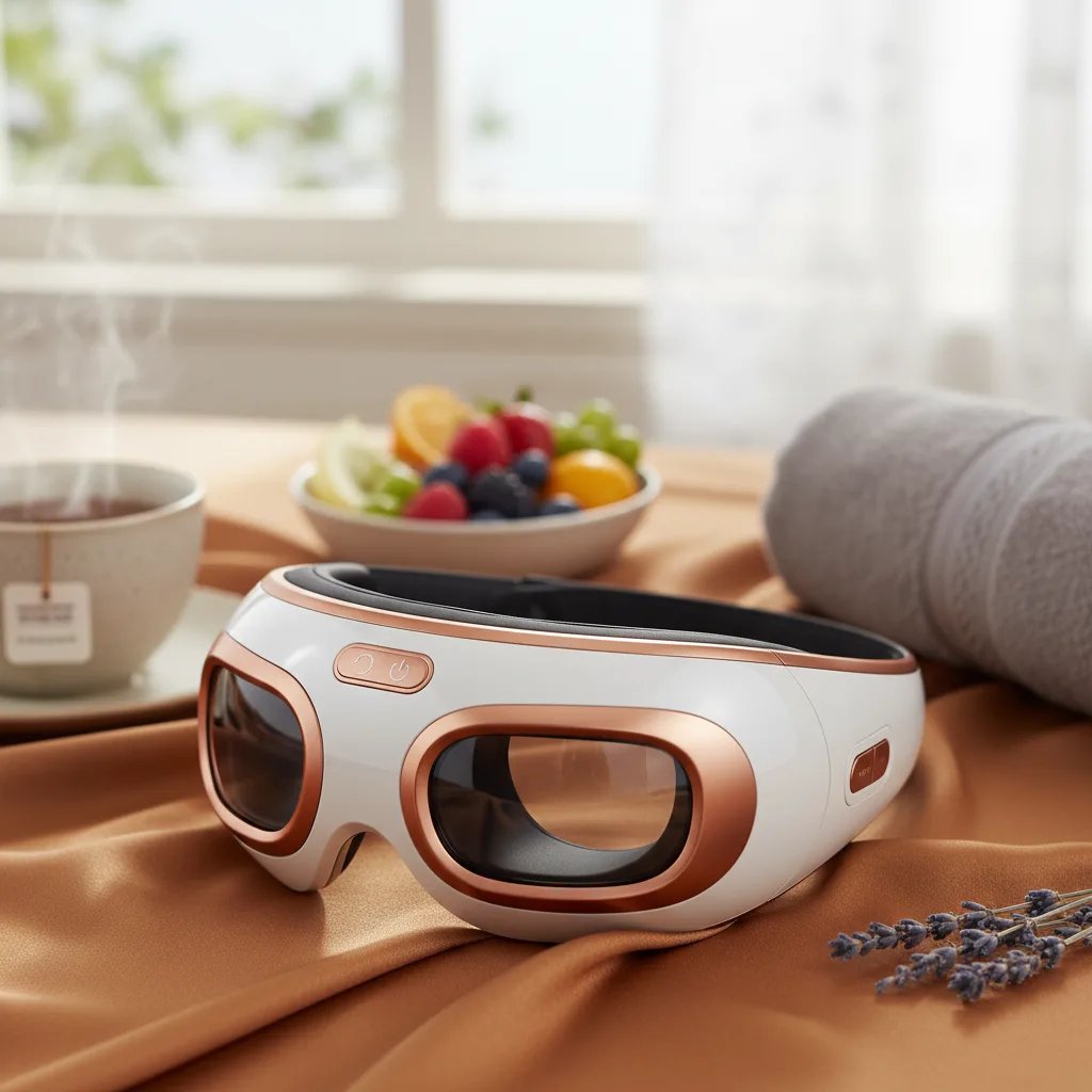 A person experiencing relief from eye massager warm eye fatigue using a therapeutic eye massager device.