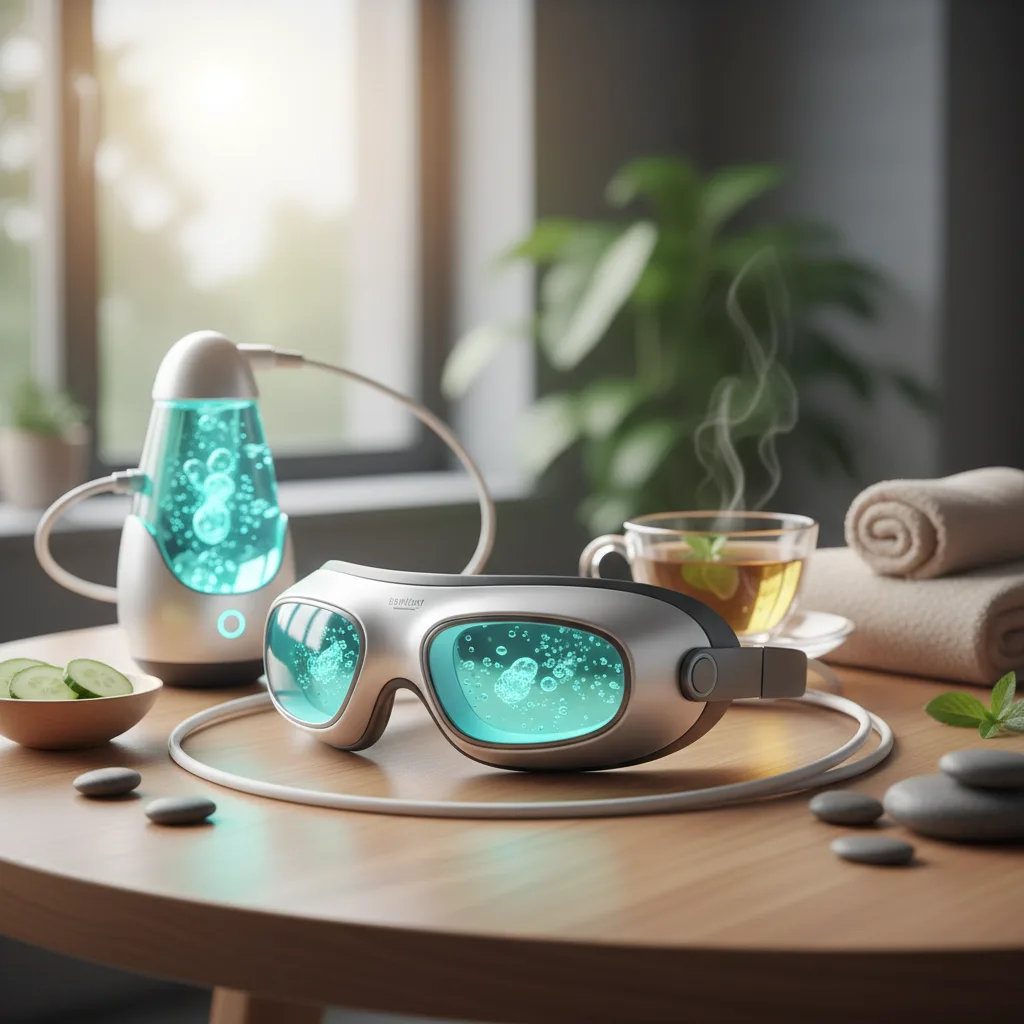 Person experiencing profound eyeing relaxation with an advanced neuro-tech eye massager, depicting stress relief and ocular comfort.