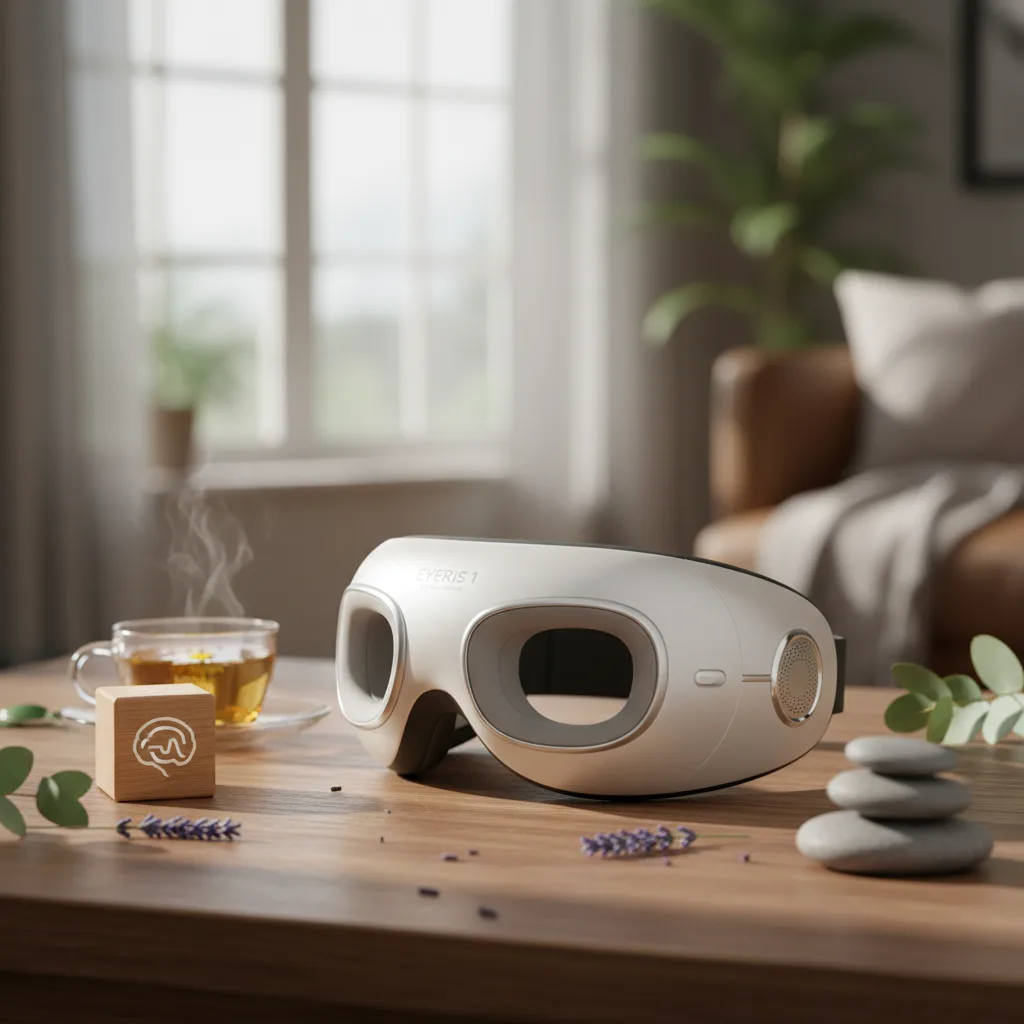 Eyeris 1 eye massager in use, providing soothing therapy for digital eye strain.