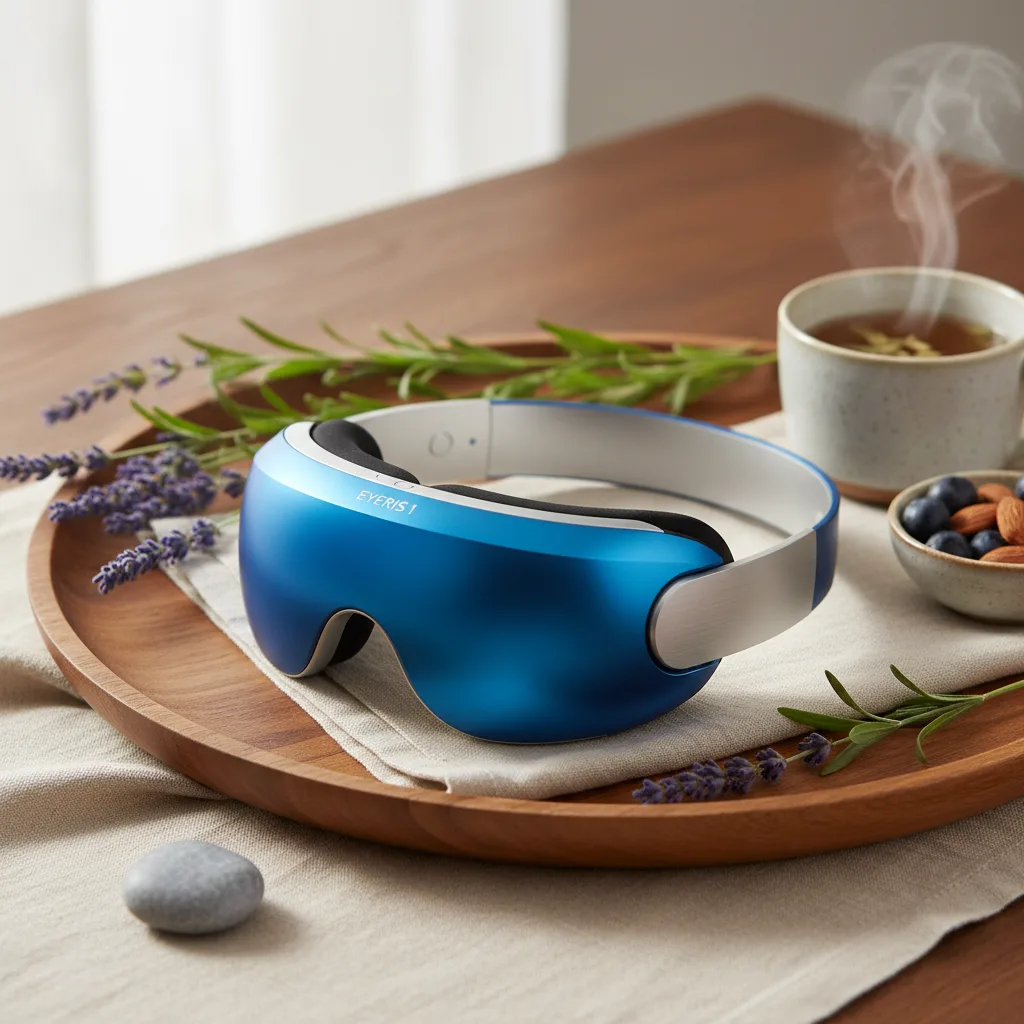 The eyeris 1 metalle blue eye massager in its sleek metallic finish, demonstrating its premium design and advanced neuro-optimization features.