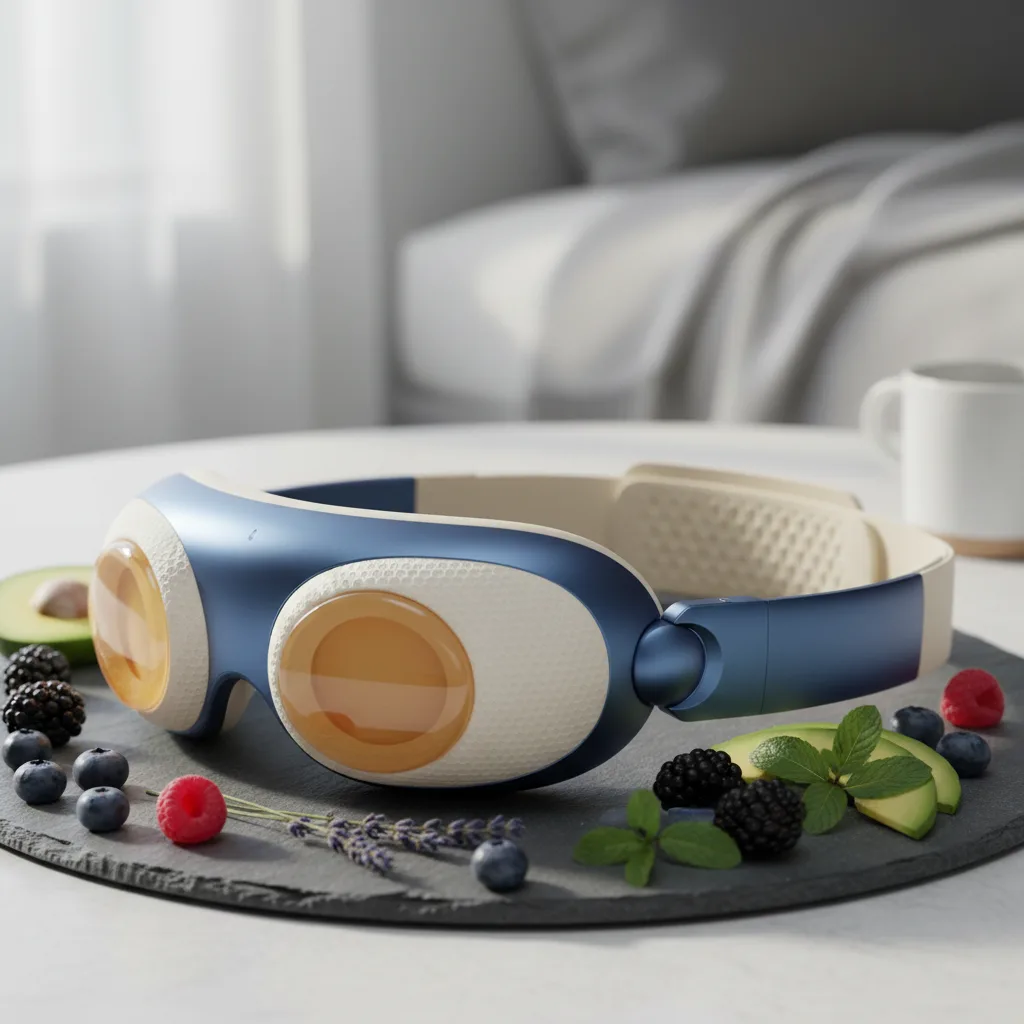 eyeris 1 eye massager - A person experiencing deep relaxation while using the Eyeris 2 massager extend, highlighting its comfortable, adjustable strap. 3