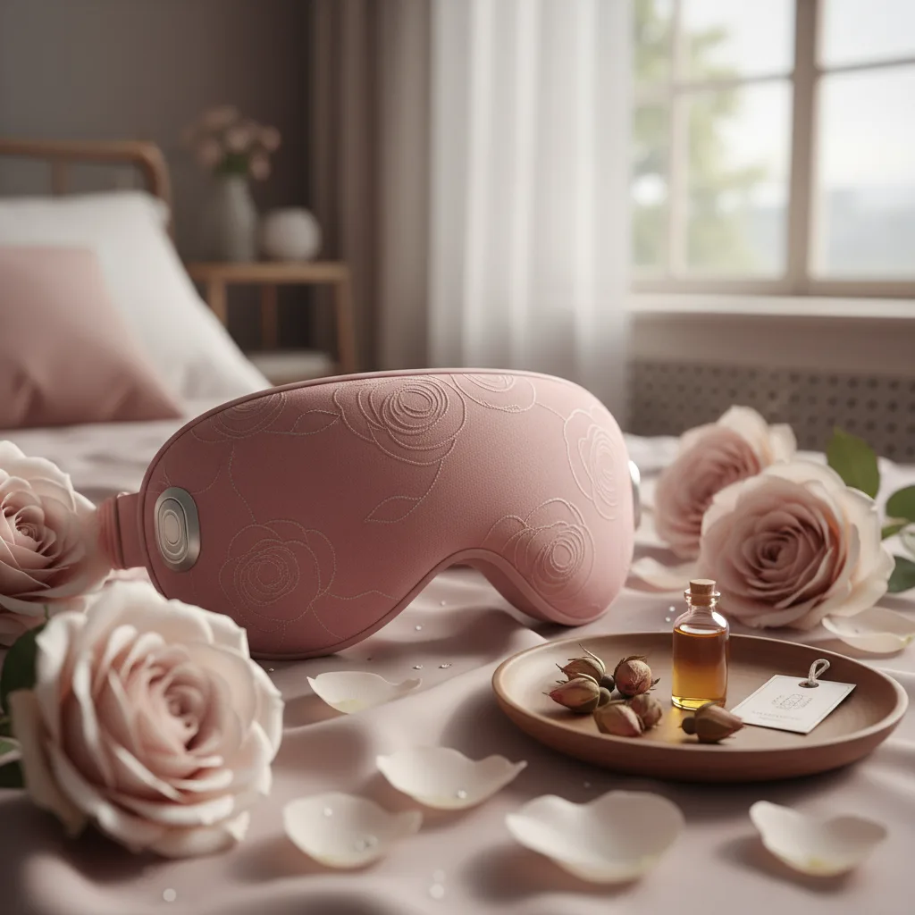 A close-up view of the Eyeris 3 Rose eye mask, showcasing its sleek design and the rose-gold accents, emphasizing why it's the eyeris 3 rose best eye mask for deep relaxation and sleep.