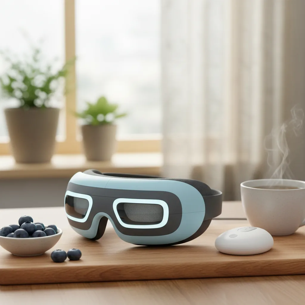 Close-up of the sleek black EZOO smart eye massager with its ergonomic design, showcasing its premium features for ocular wellness.