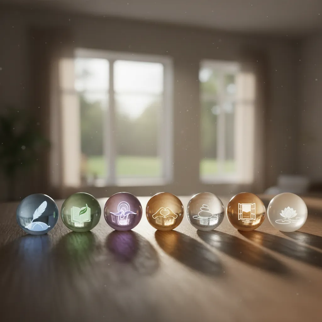 A serene person meditating in a peaceful, minimalist room, with a subtle glow from a NeuroVizr device, symbolizing modern and ancient paths to inner peace and mental tranquility.