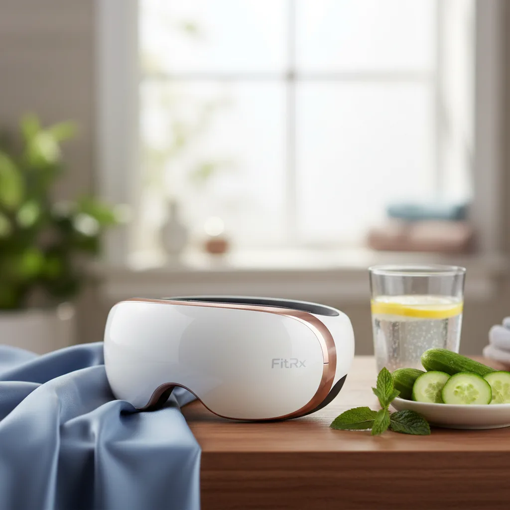 A person relaxing with the FitRx Optic Spa Eye Massager, providing soothing relief for tired eyes.