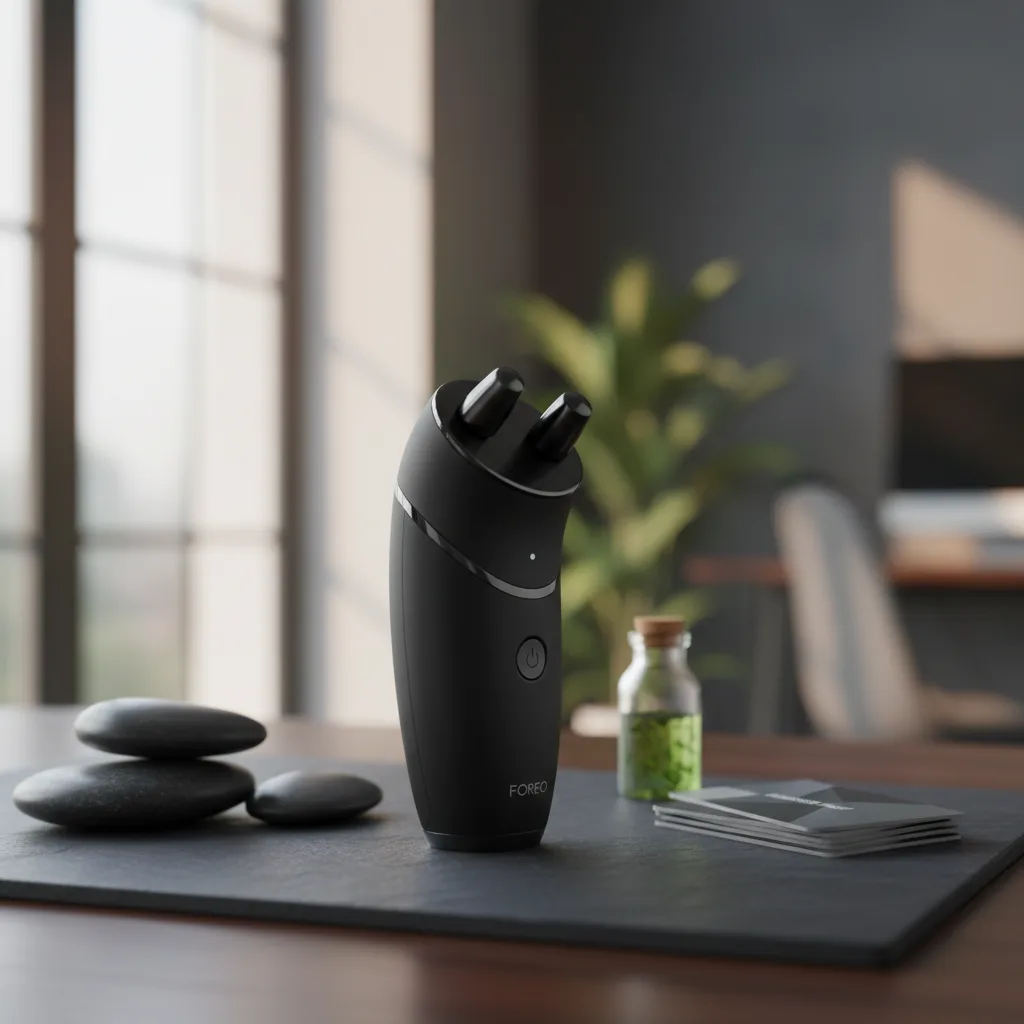 Foreo Iris Massager Black device in a professional corporate setting, highlighting its sleek design and advanced neuro-ocular technology.