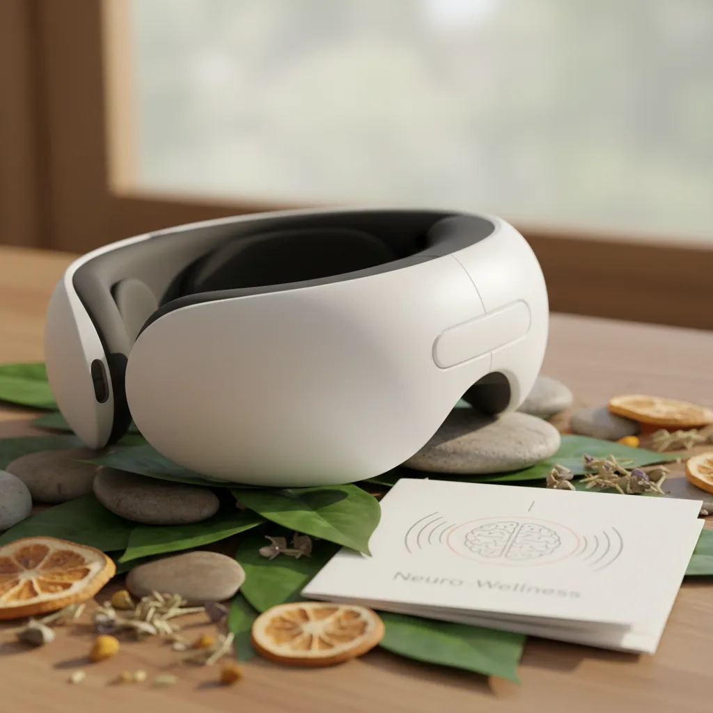 A modern FSA HSA eligible eye massager applying gentle heat and compression to relieve eye strain and promote relaxation.