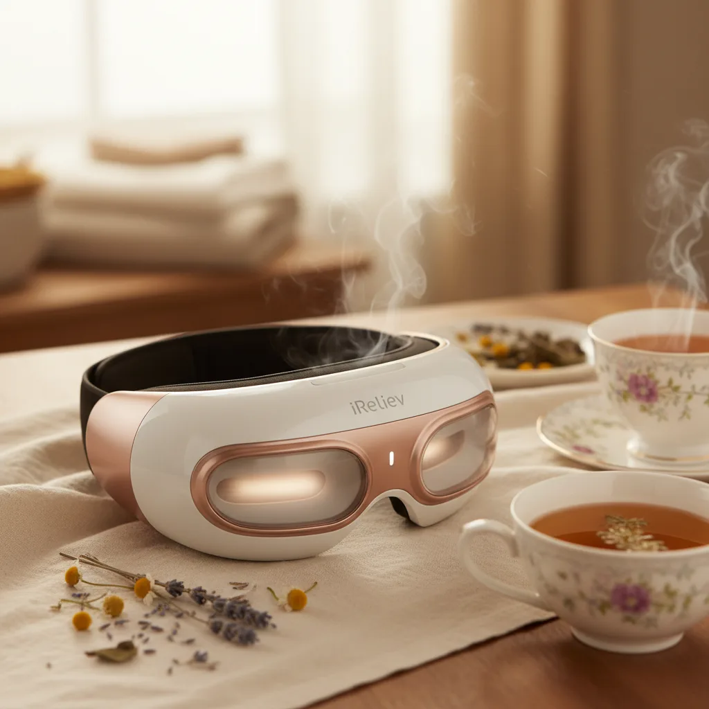 An iReliev eye massager applying heat and compression therapy for ultimate relaxation and digital eye strain relief.