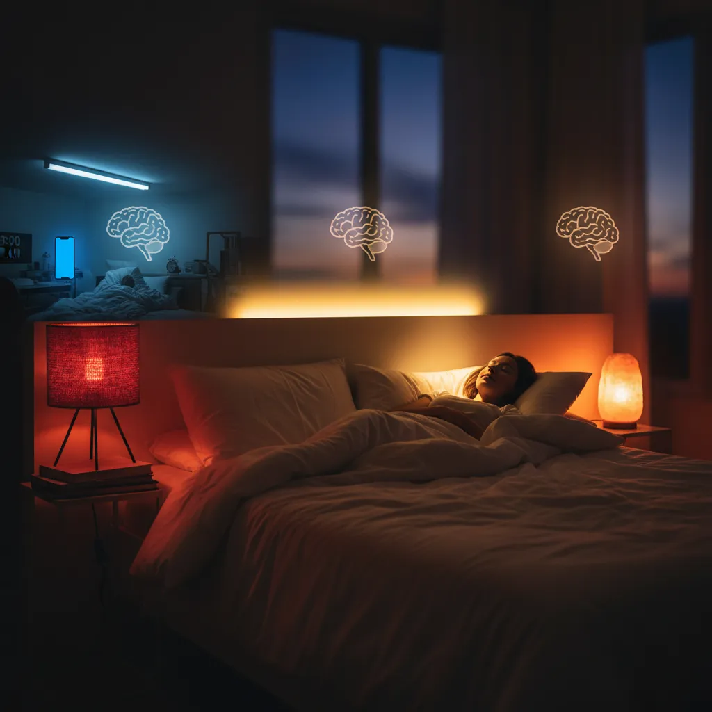 A bedroom bathed in soft, warm red light during the evening to promote sleep, with smart home devices like a red-emitting bedside lamp and a device like NeuroVizr subtly visible, illustrating an optimal light environment for sleep.