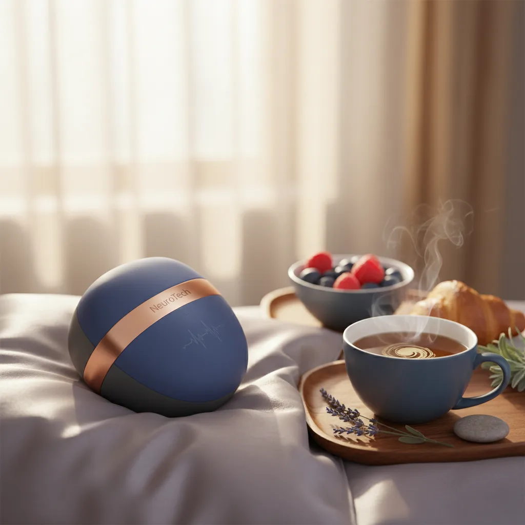 Advanced NeuroTech Eye Massager for better sleep, resting on a bedside table with soft lighting.