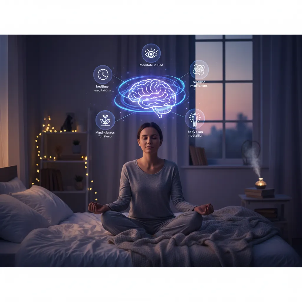A person peacefully meditating in bed, eyes closed, with soft lighting, illustrating deep relaxation and preparation for sleep. This image represents techniques like body scan and breath awareness.