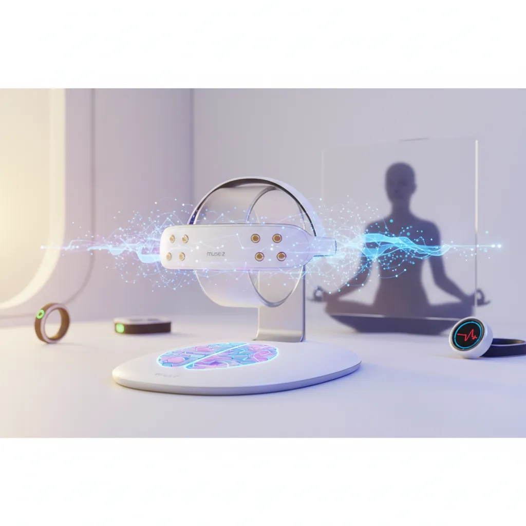 Muse 2 brain sensing headband on a clean, modern surface, symbolizing advanced meditation technology for mindfulness and stress reduction in 2025