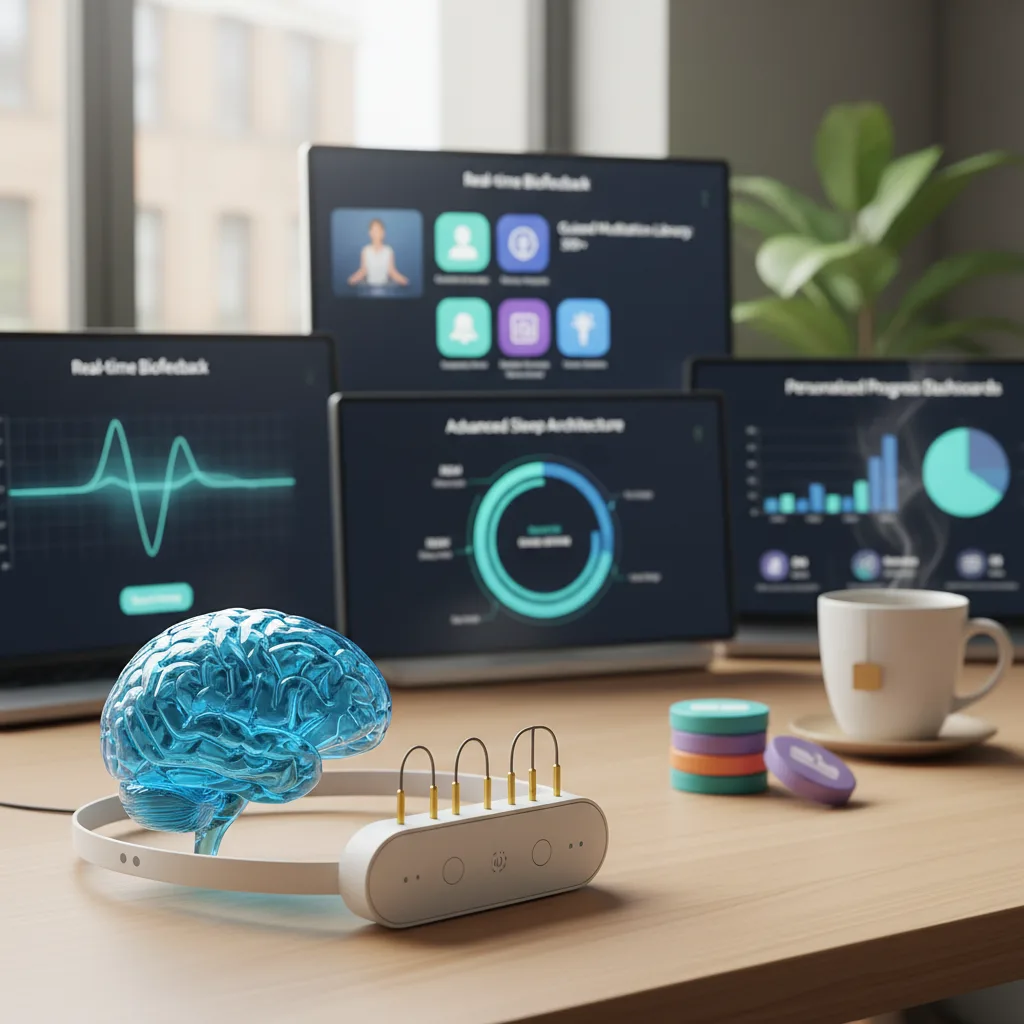 Muse Premium mobile app interface showing real-time EEG brainwave data.
