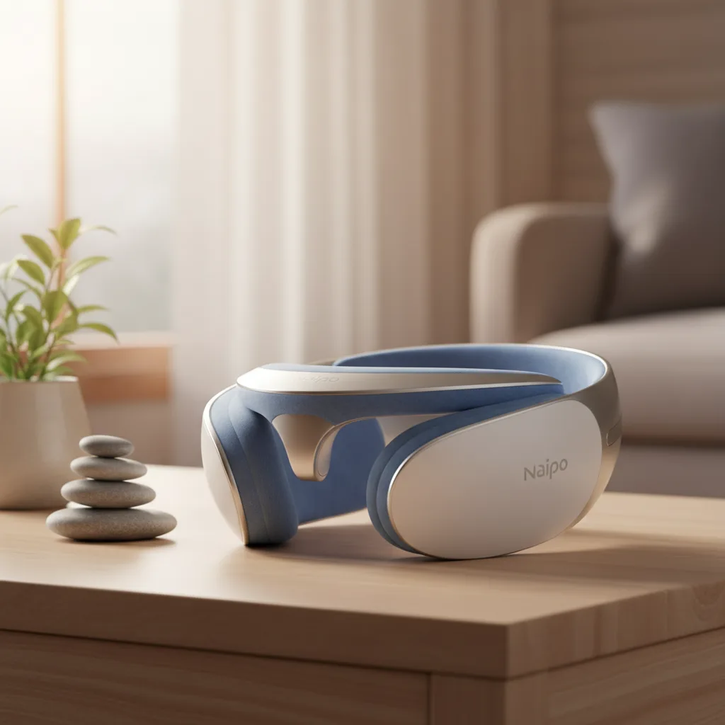 Naipo electric eye massager in use, providing therapeutic relief for tired eyes.