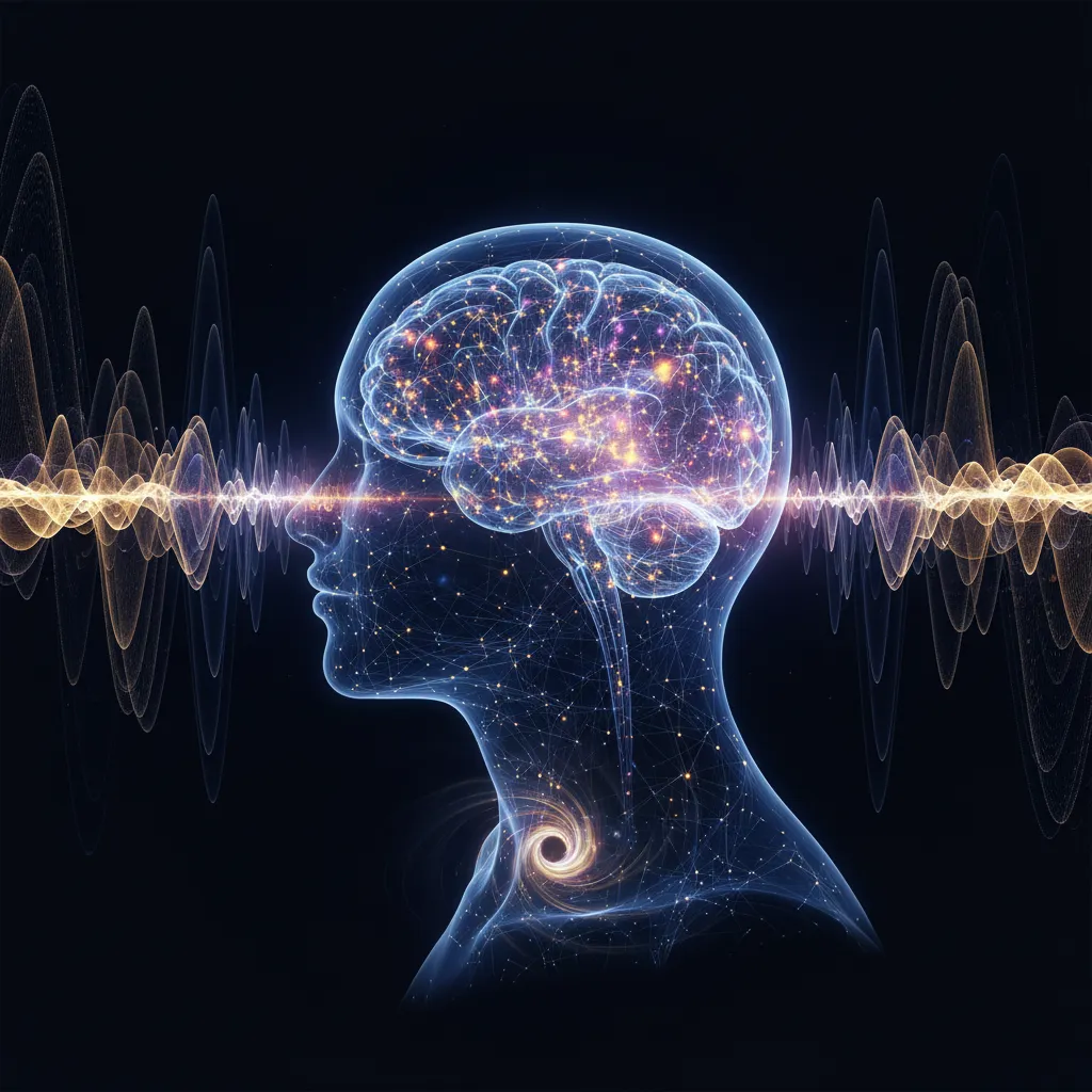 A NeuroVizr device emitting synchronized light and sound, illustrating its mechanism to influence and rewire neural pathways within a human brain for enhanced cognitive function and improved sleep.