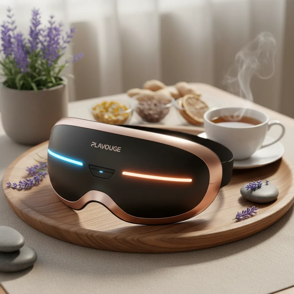 A person relaxing while wearing the plavogue eye massager mask, designed for stress relief and cognitive enhancement.