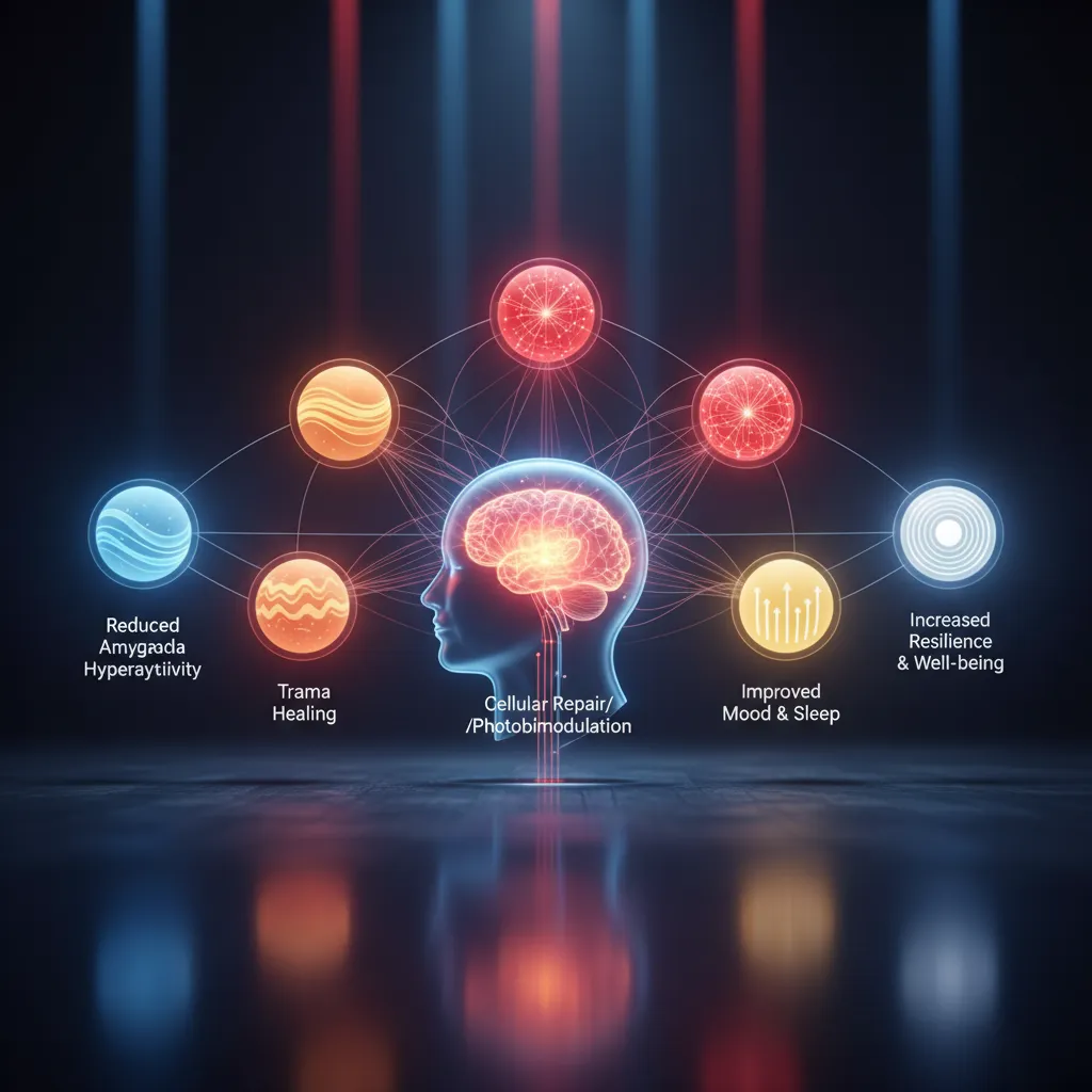 An individual undergoing light therapy for PTSD, with a device emitting red or near-infrared light around their head, symbolizing calming neural activity and the reduction of the fight-or-flight response.