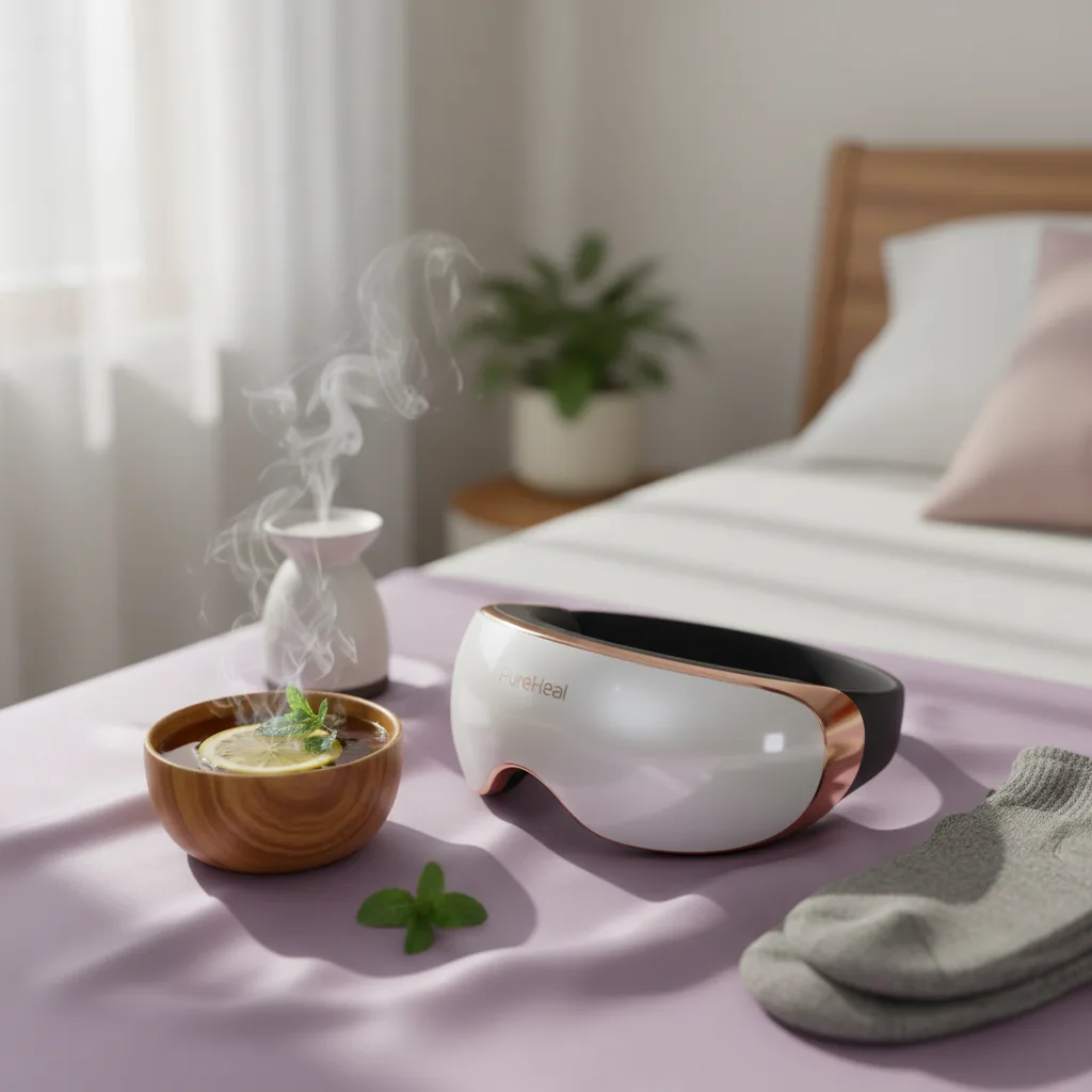 PureHeal Heated Eye Massager in use, providing relaxation and relief for tired eyes