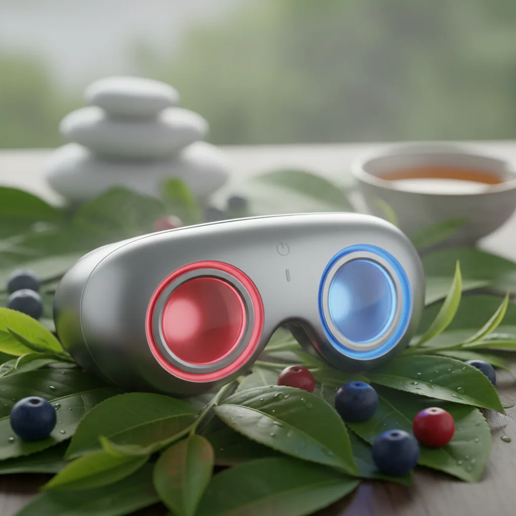A modern red blue light eye massager with ergonomic design, showcasing its light therapy and massage features.