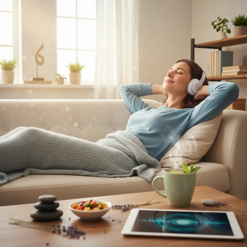 High-quality headphones on a wooden table representing relaxation music as a biohack.