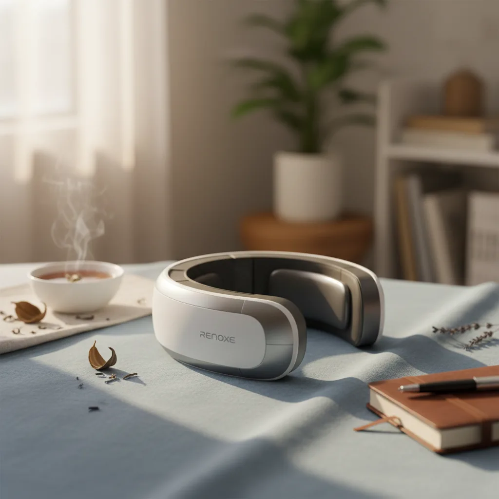 A person using the Renoxe mask eye massager S5 for relaxation and digital eye strain relief.