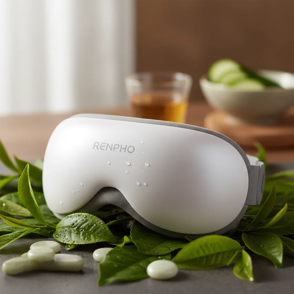 A person using a Renpho eye mask to reduce renpho eye mask puffiness, illustrating the advanced technology for ocular relief.