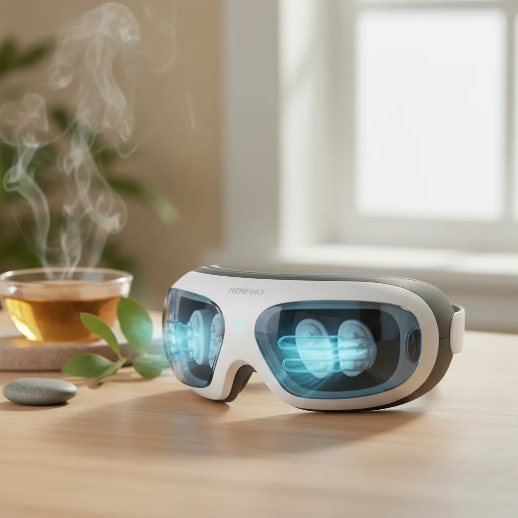 A person using a Renpho eye massage sinus device for relaxation and sinus relief.