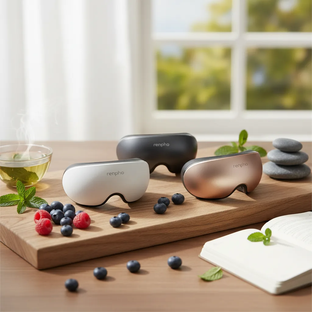 A user experiencing deep relaxation with a Renpho eye massager from the latest collection, designed for optimal neuro-enhancement.