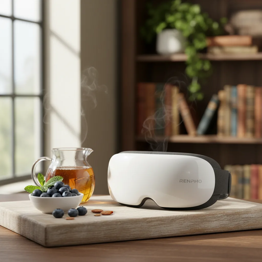 A high-tech Renpho eye massager massager device in use, illustrating its ergonomic design and advanced features for cognitive enhancement.