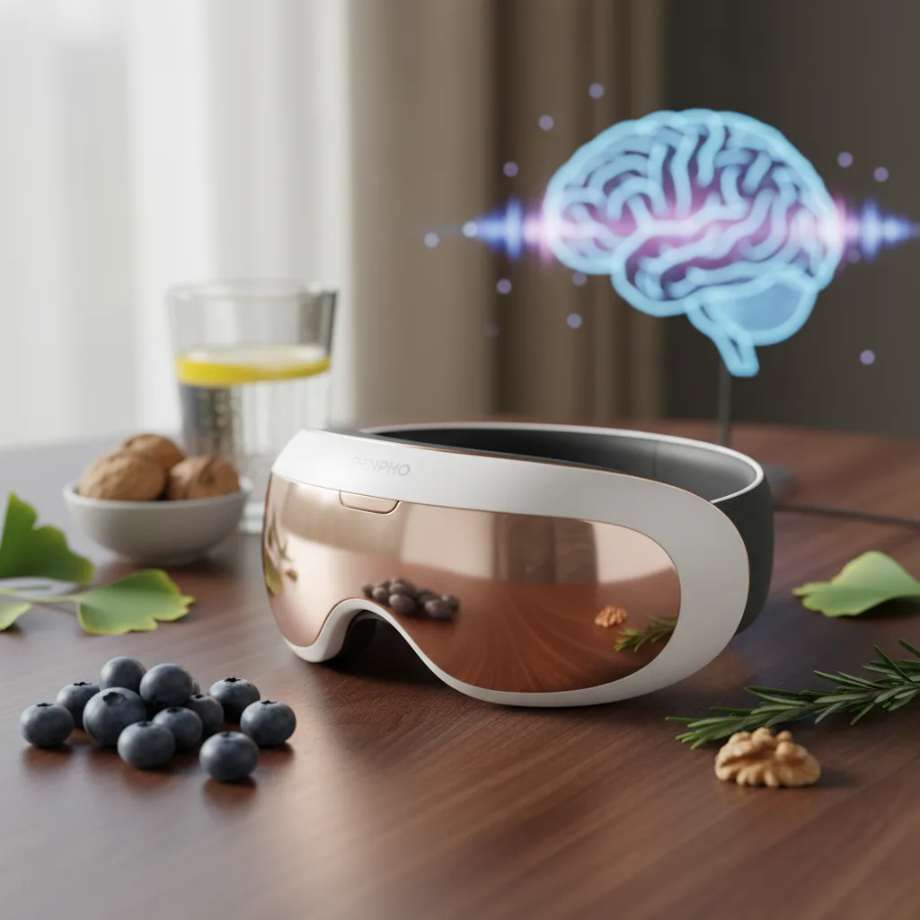 renpho eye massager massager - A person wearing the Renpho Eyeris 3 deep dive massager, experiencing relaxation and cognitive enhancement. 6