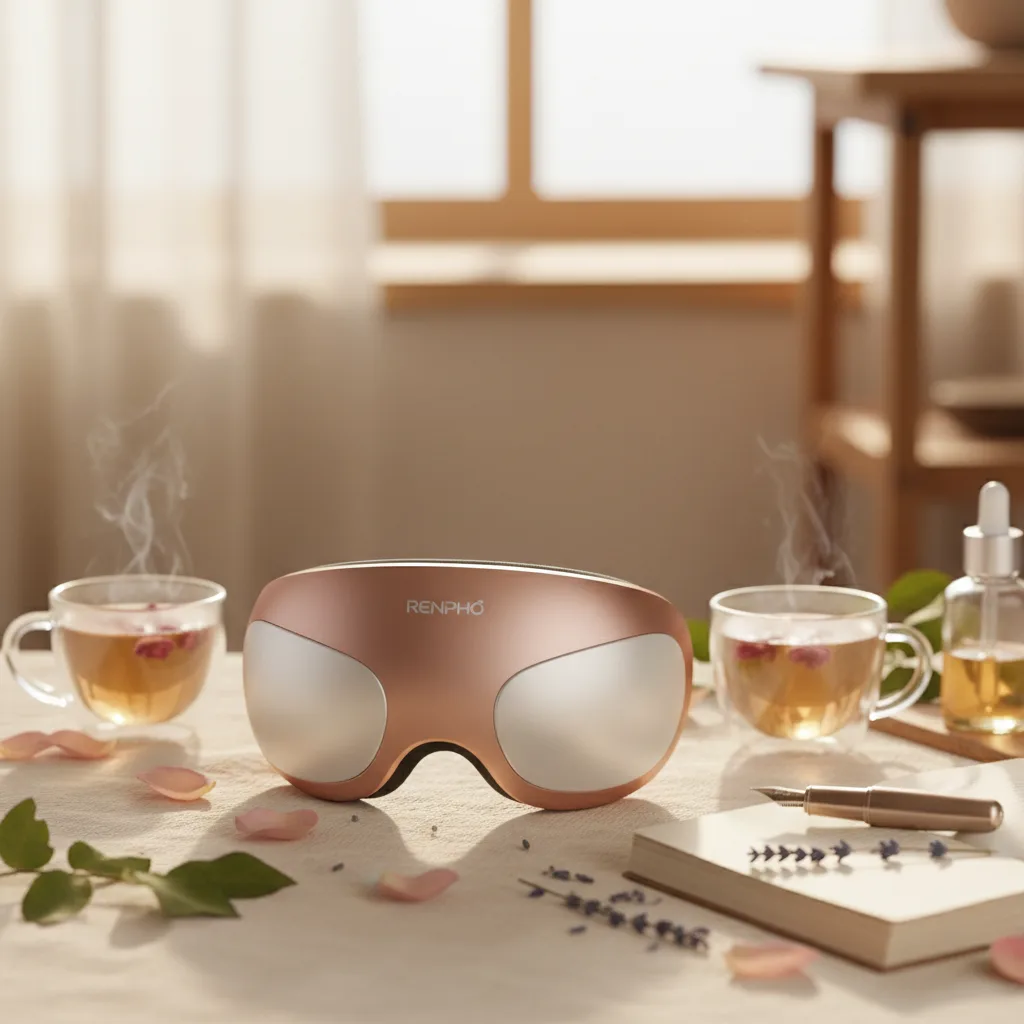 renpho eye massager massager - A person relaxing with the Renpho Eyeris Rose eye massager, experiencing advanced neuro-ocular optimization. 4