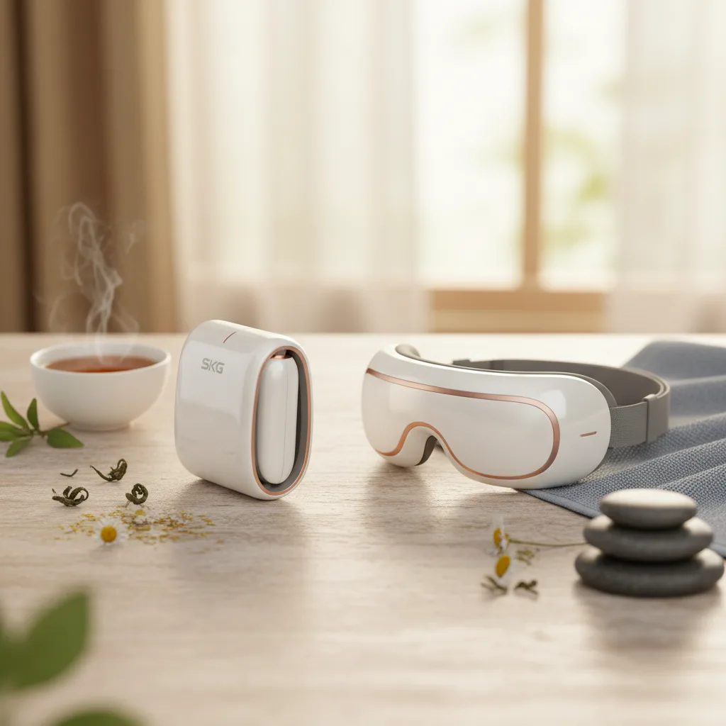 SKG eye massager in use, showing its foldable design and therapeutic benefits for eye relief.